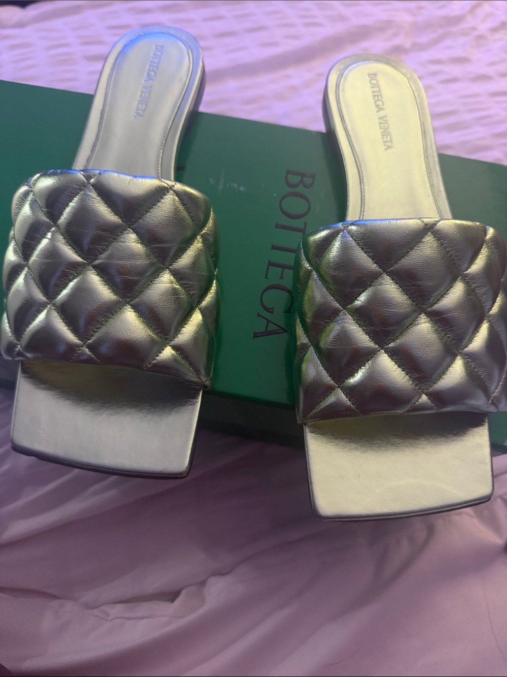 Bottega Veneta Metallic Quilted Slide Mules in Silver